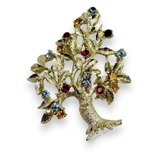 Dodds Gold Tone Blue Red Yellow Crystal Tree Brooch Clip On Earring Set Vintage - Picture 4 of 11